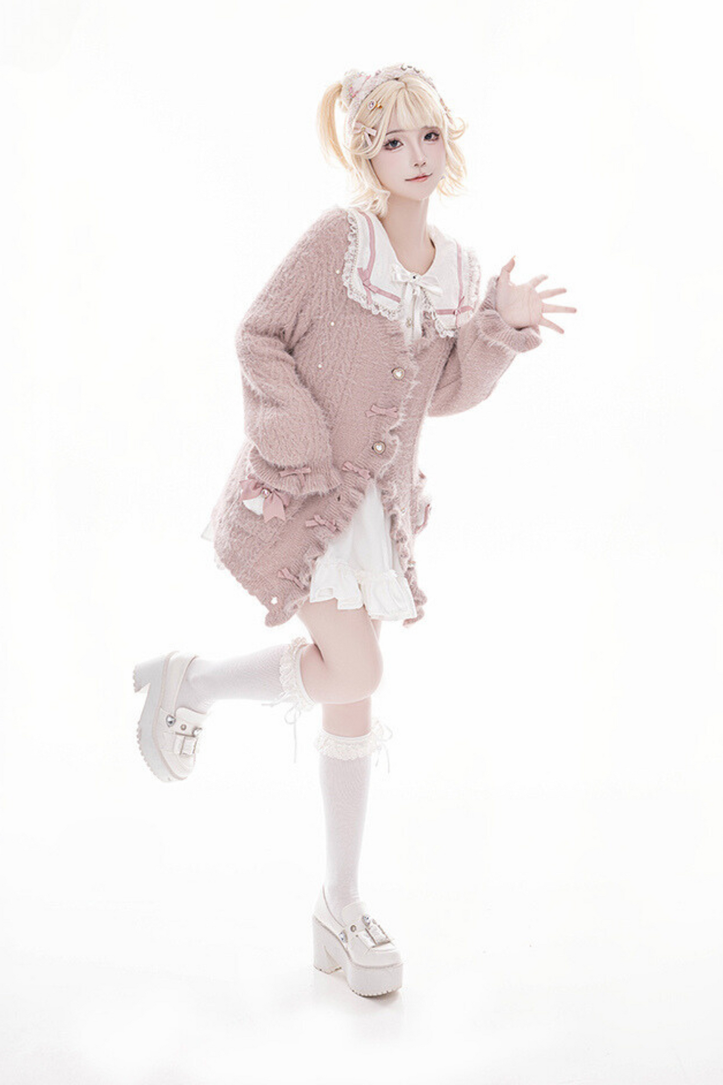 Powder Puff Ribbon Shaggy Fur Ruffle Knit Cardigan