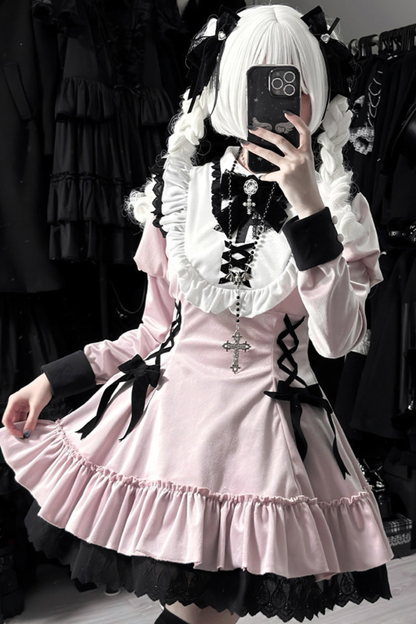 Lace-up ribbon Lolita dress + brooch + hair clip