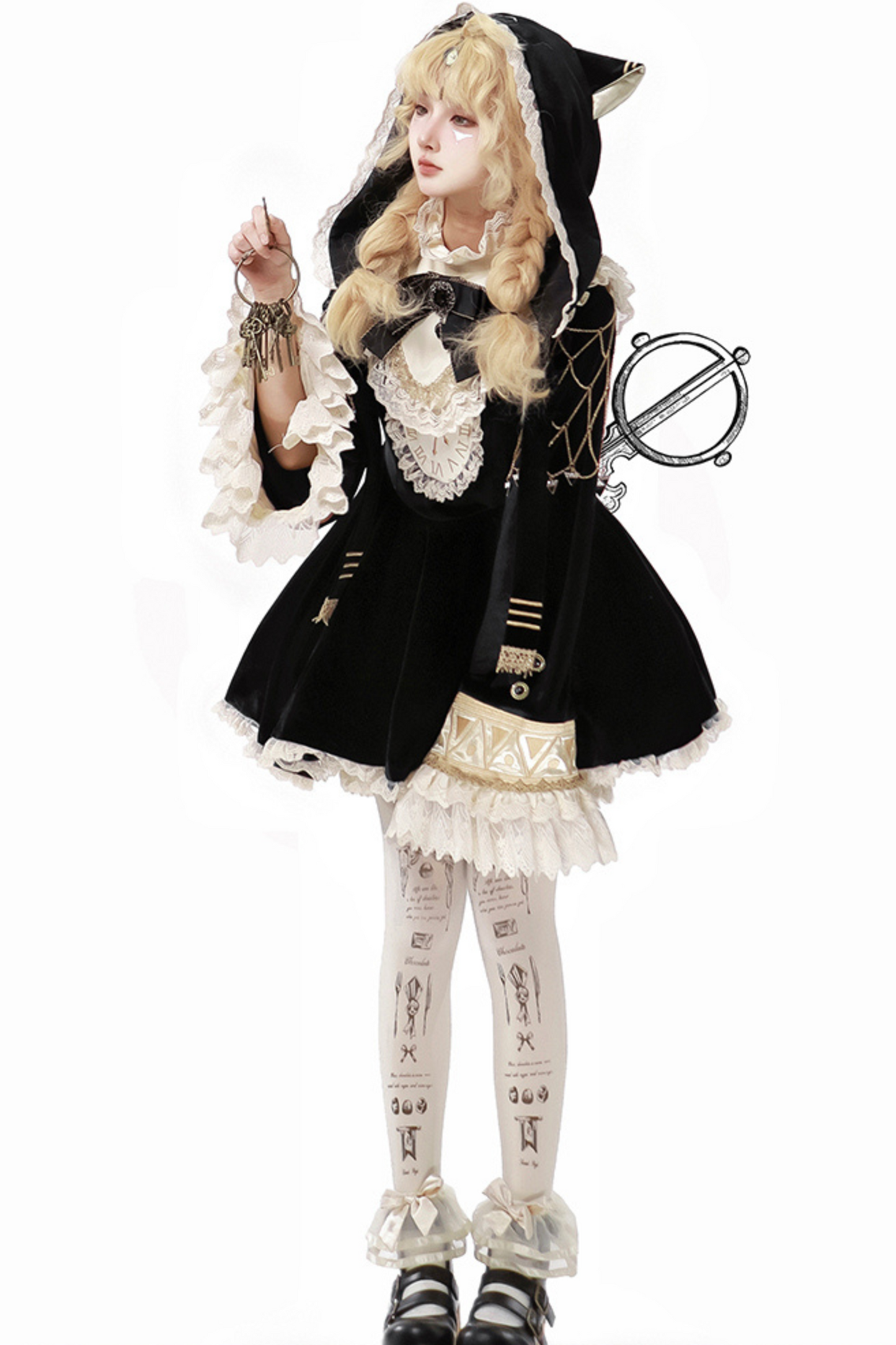 黒猫フリルクロックロリータドレス+パンプキンパンツ