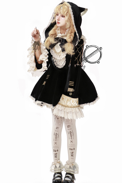 黒猫フリルクロックロリータドレス+パンプキンパンツ