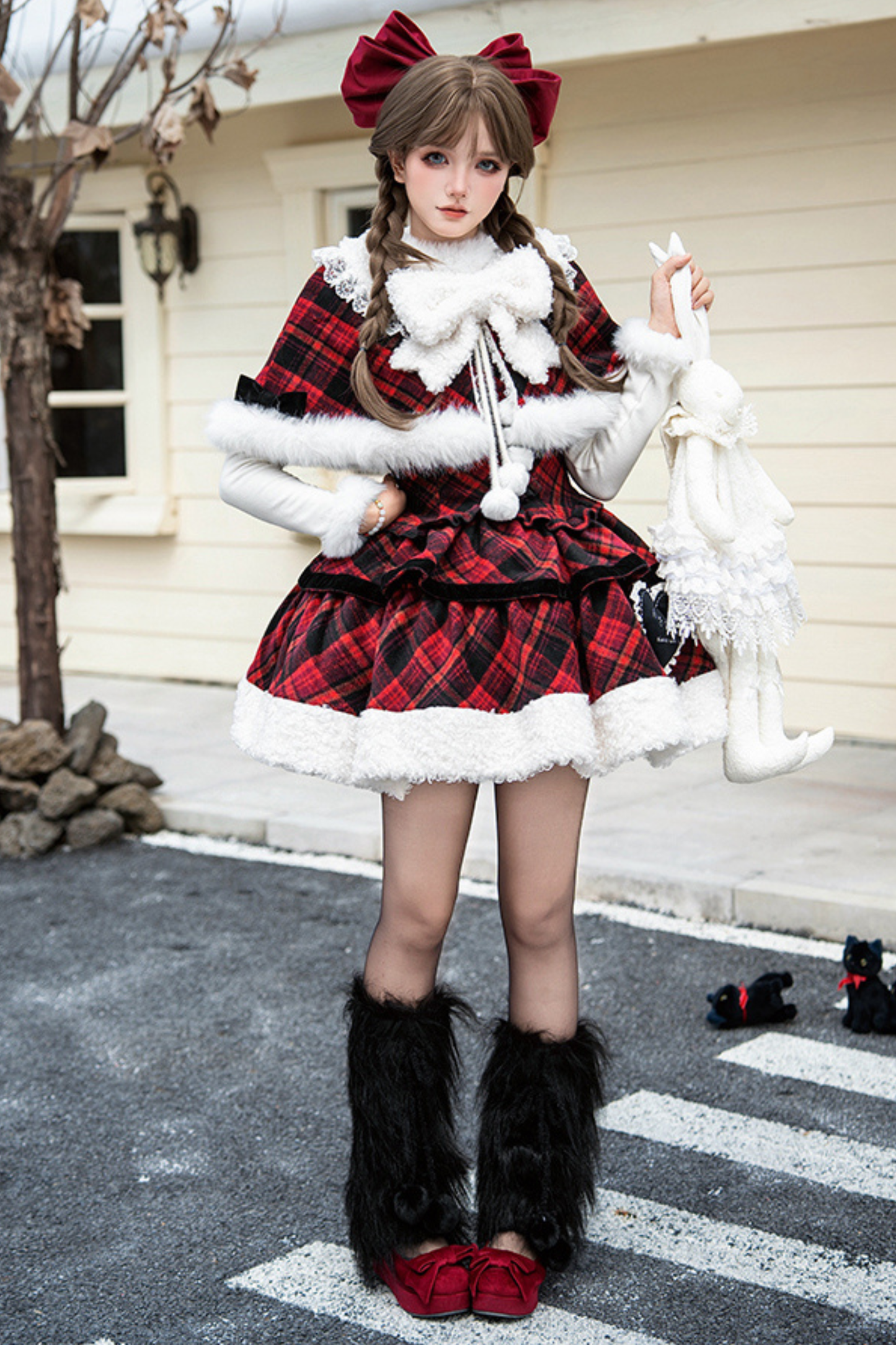 チェックドールジャンパースカート+リボンブローチ+ピン+ラブブローチ+ショール+トップス+レッグカバー