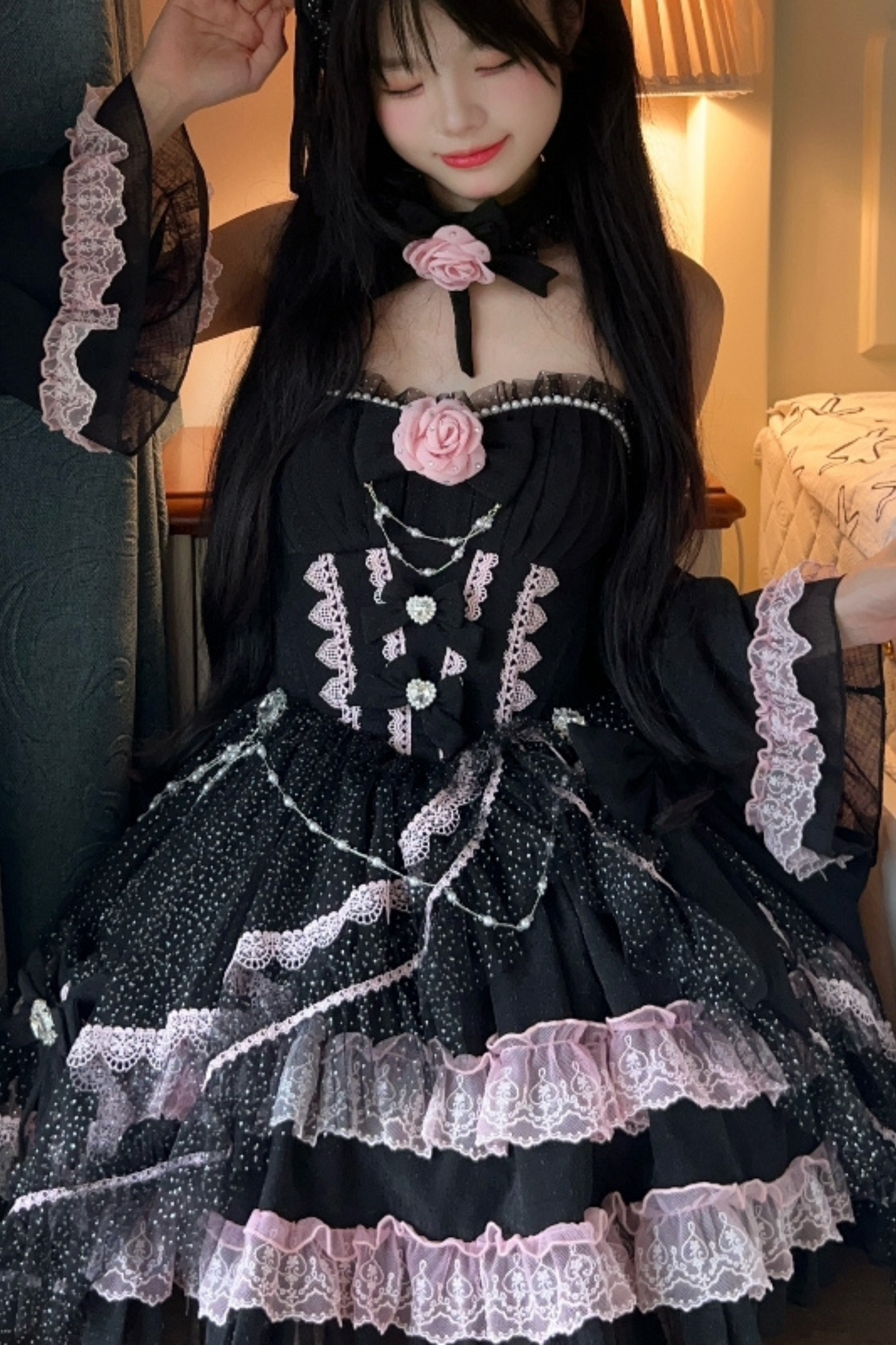 Flower Tube Top Lolita Dress + Sleeve + Head Accessories