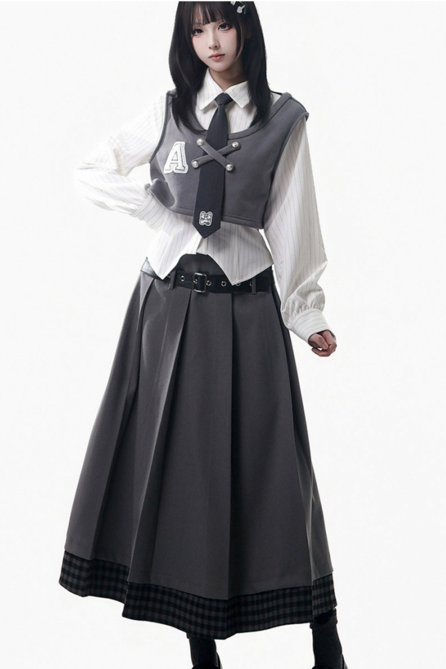 ストライプコート+シャツ+ベスト+ロングスカート