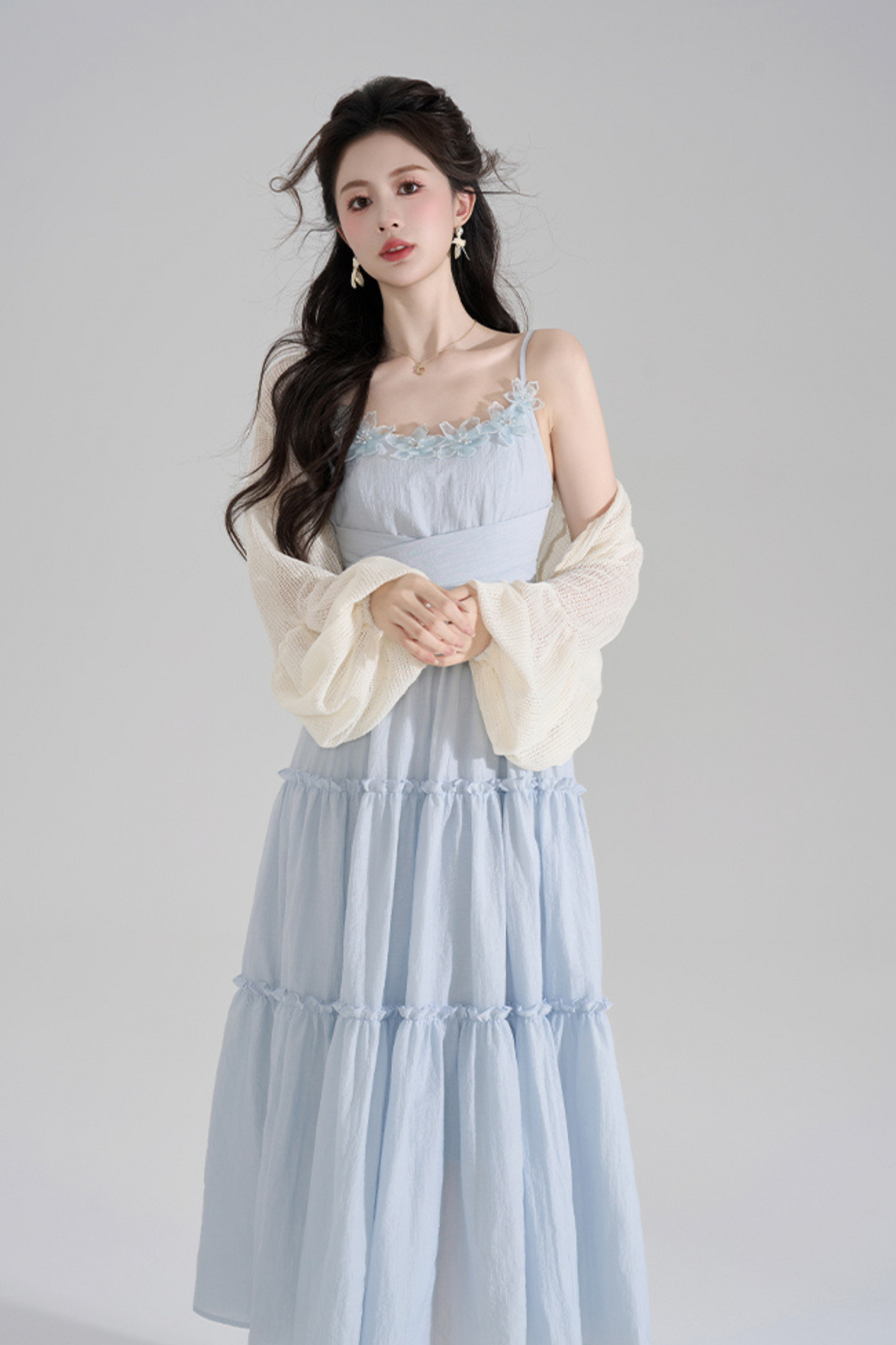 Romantic French Long Dress + Short Cardigan