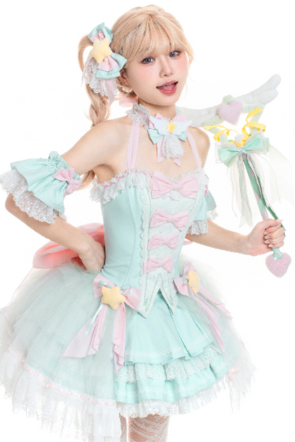 魔法妖精スパークリングウォーターロリータトップス+スカート+ヘアクリップ+テール+魔法ステッチ