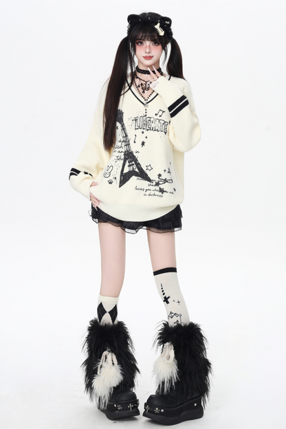 クールロックスタイルギターVネックルーズロングスリーブニット