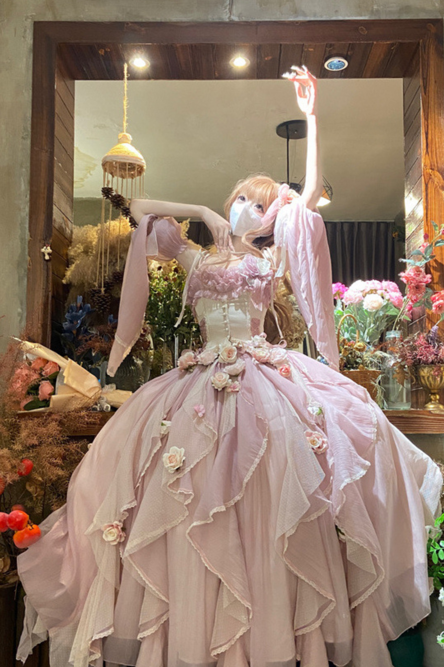 Blue Pink Fishbone Corset Wedding Dress