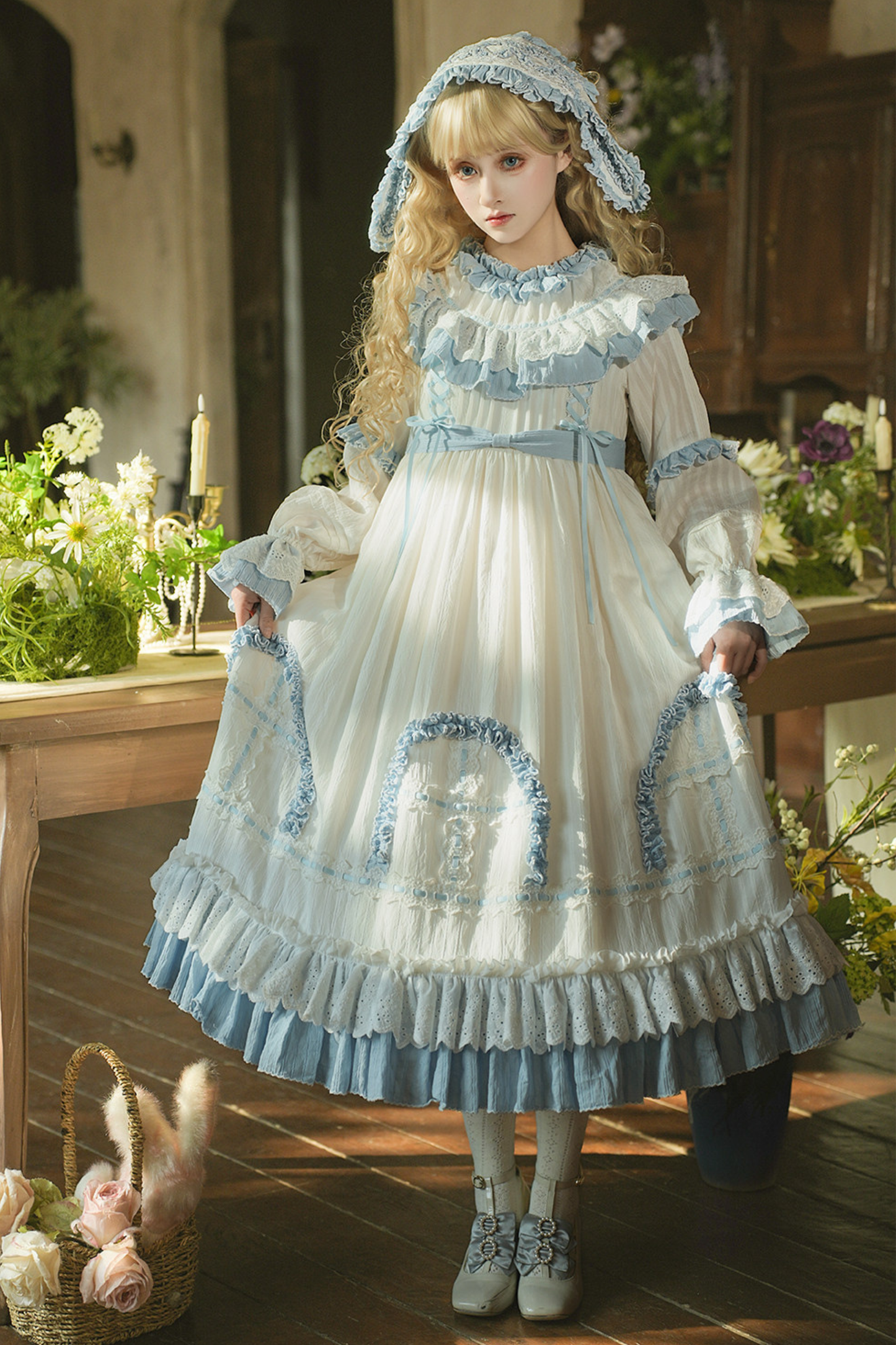 ラビットツインブルーロリータドレス+ラビットヘアバンド