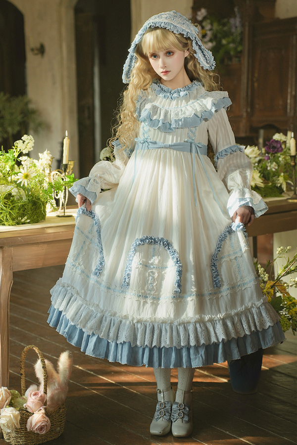 ラビットツインブルーロリータドレス+ラビットヘアバンド