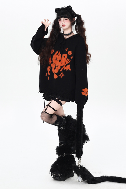 ナイトダークキャットルーズフードニット