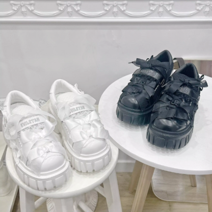 【12月8日予約締切】ブラックホワイトリボンエンジェルプラットフォームパンクサブカルスニーカー