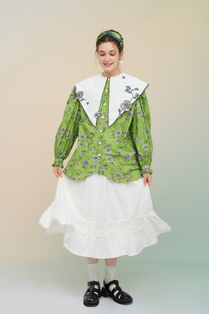 グリーンローズフレンチヴィンテージプリントシャツ