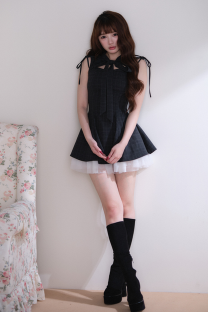 チェックレイヤーヘムノースリーブドレス