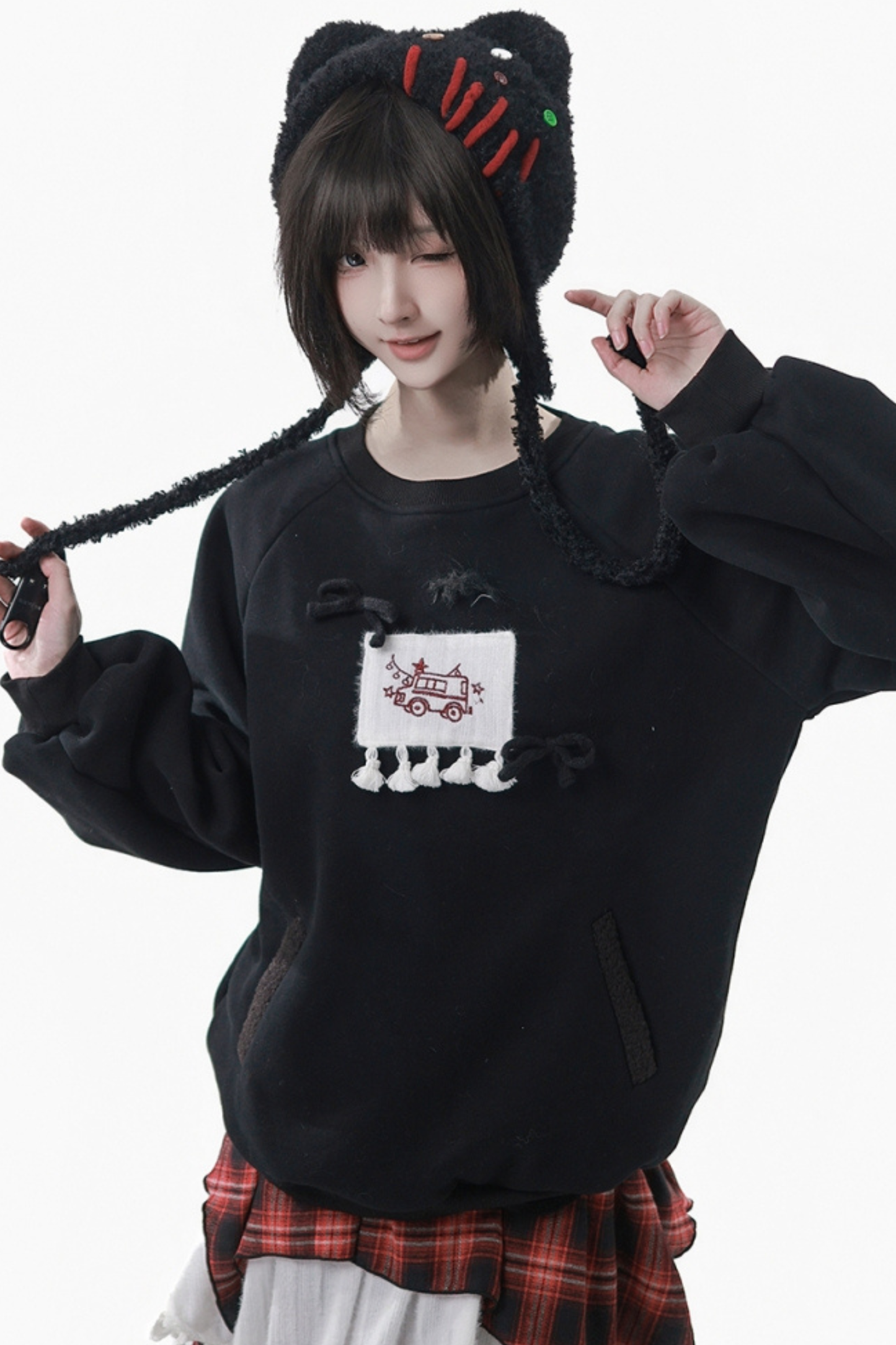 ルーズフリーススウェット+チェックスカート