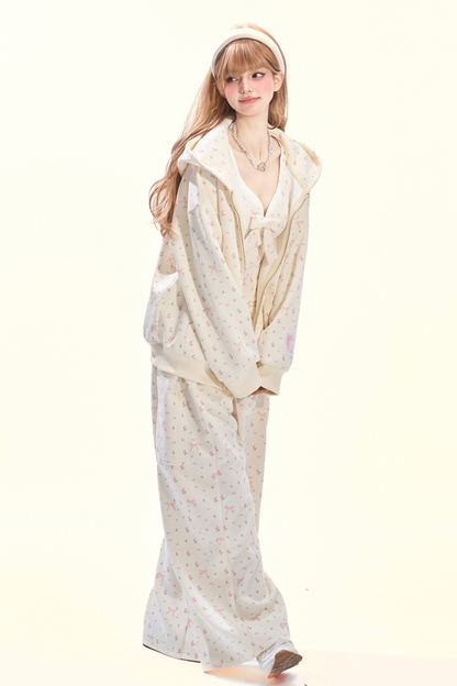 リトルキュートフラワーフードパーカー+リボンキャミソール+ワイドパンツ