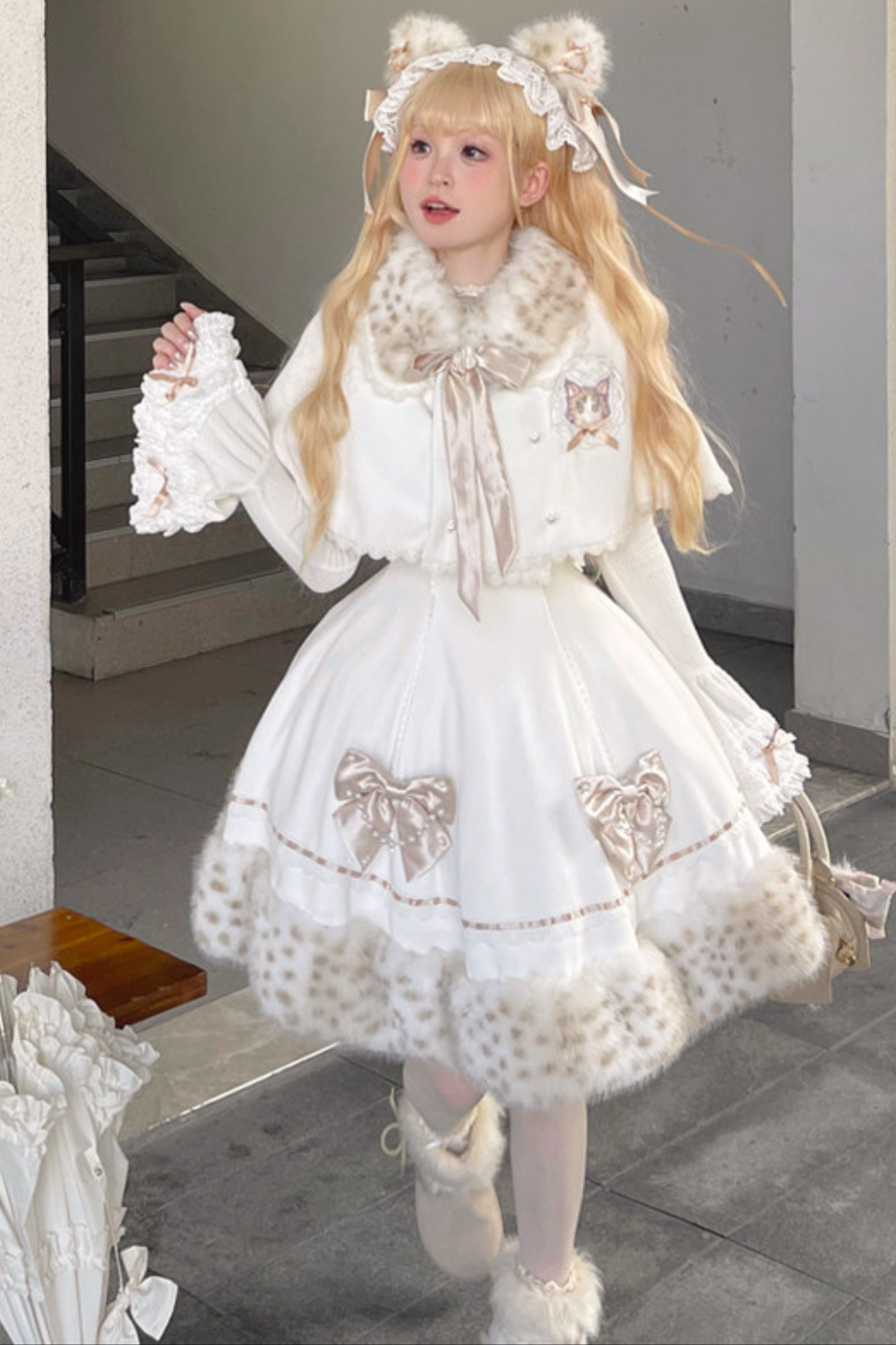Cat Fleece Lolita Cape + Snow Lolita Dress + Flared Sleeve Top