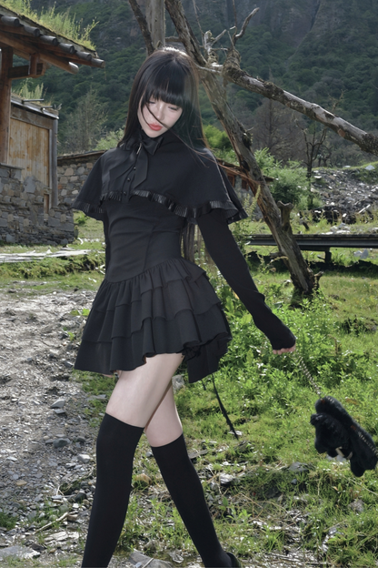 Ruffled Cape Design Low Rise Lace Dress