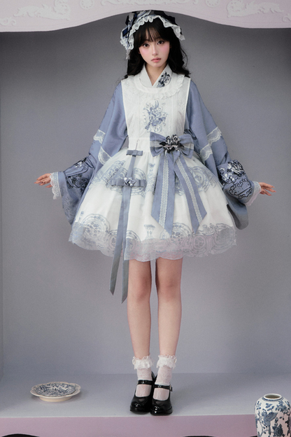 귀여운 차이나 재킷 + 스커트 + 오버스커트 + 리본 + 브로치 + 헤어밴드