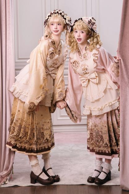 Kleines Bär-Dessert-Haus Kleid + Rock + Schürze + Brosche + Überrock