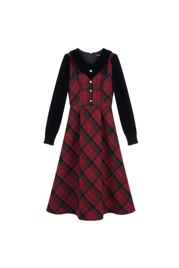 レッドレトロチェックツイードドレス