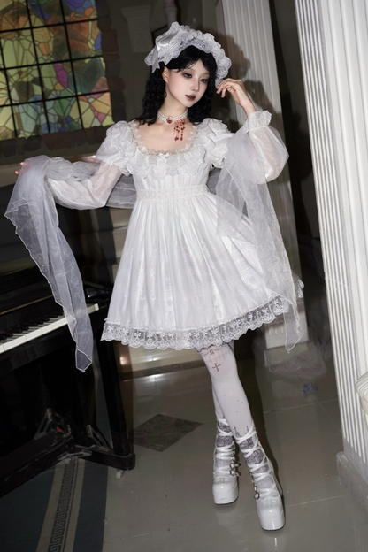 ゴシックツインズロリータドレス＋ハンドスリーブ＋ネックレス＋ヘッドバンド＋ベール＋コルセット＋取り外し可能カーテン＋コサージュ