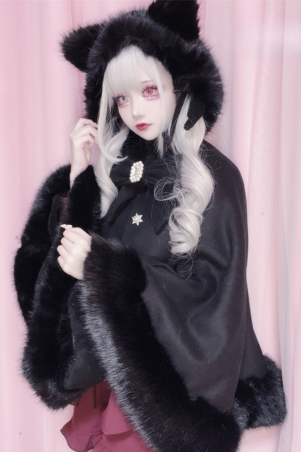 猫耳ドリルバックルウールマント