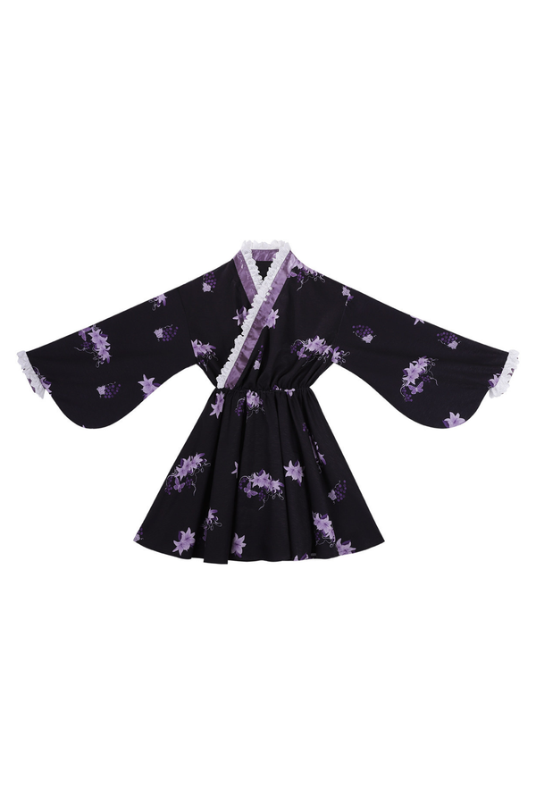 チャイナパープルフローラルドレス+アウタードレス+ロングスカート