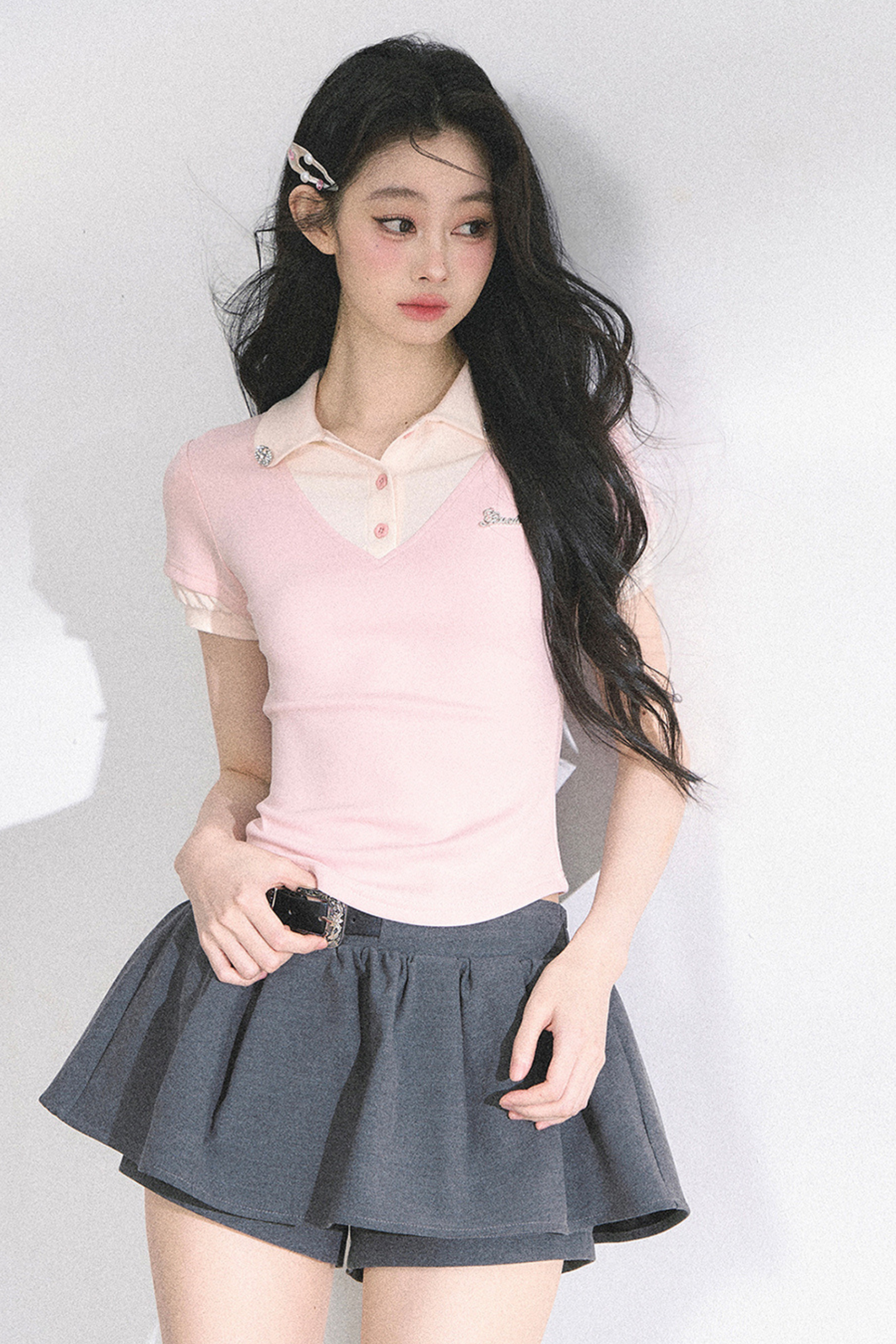 フレンチシャツタイトガーリートップス