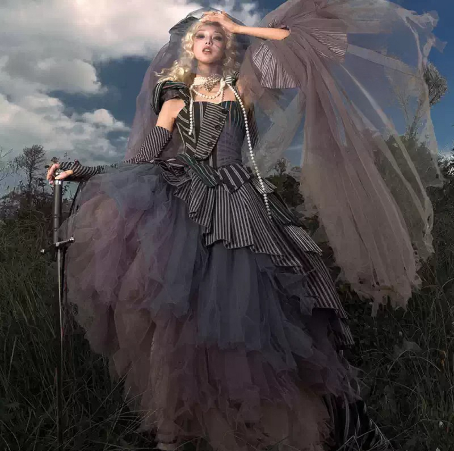 【予約商品】ストライプグリッドファンタジードレスセット＋アシメチュールスカート＋ベール