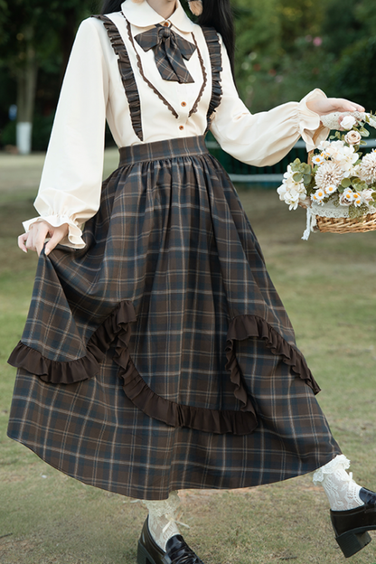 Retro girly check skirt + ruffle blouse