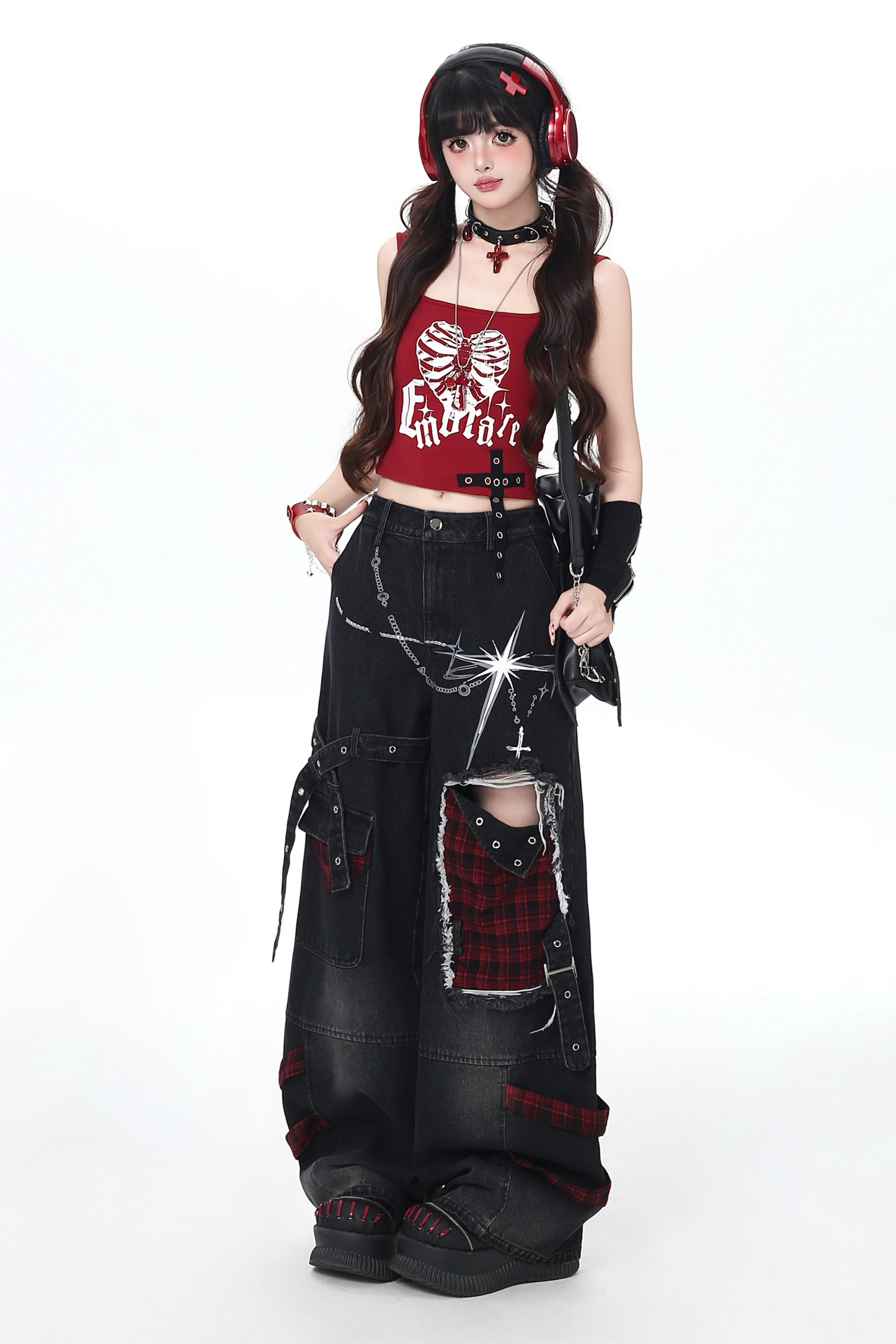 Plaid Patchwork Wide Denim Pants