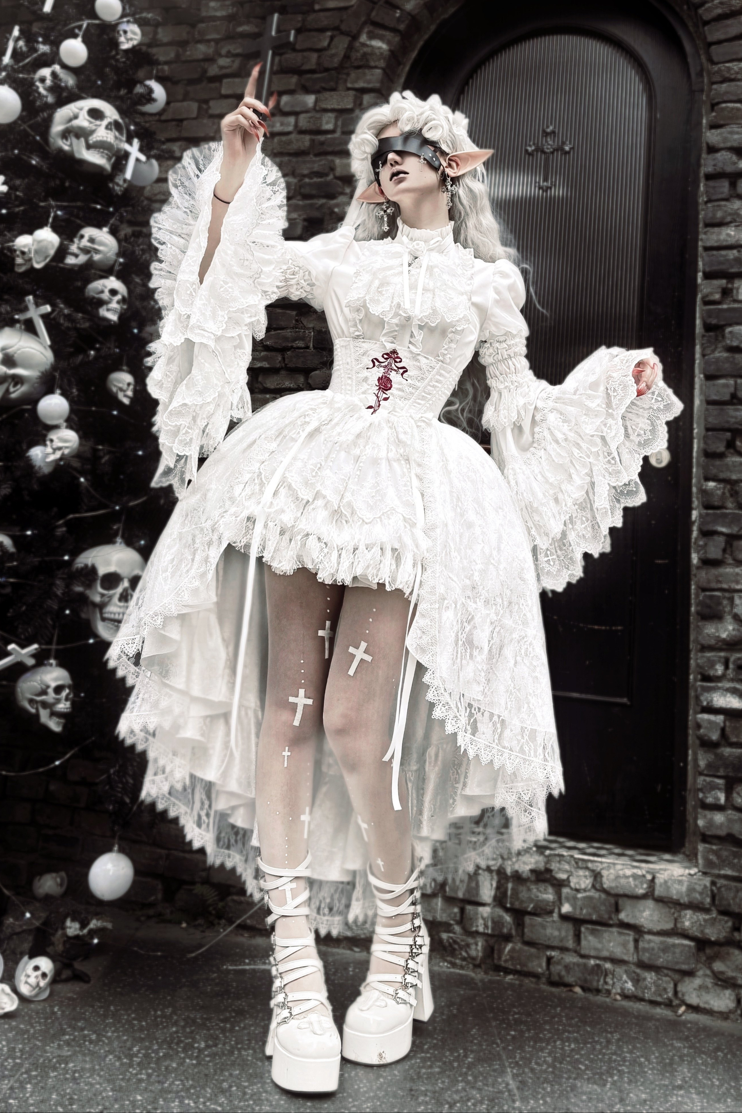 【Vorbestellung bis 18. März】 Dark Kawaii Gothic Lolita Rock + Shirt + Haarband + Hut + Ärmel