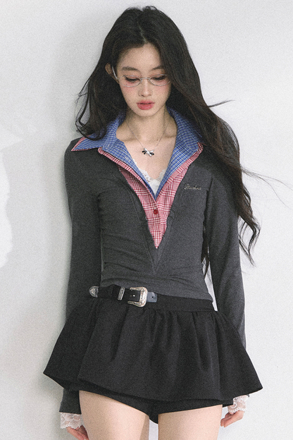 French overcheck slimming design top