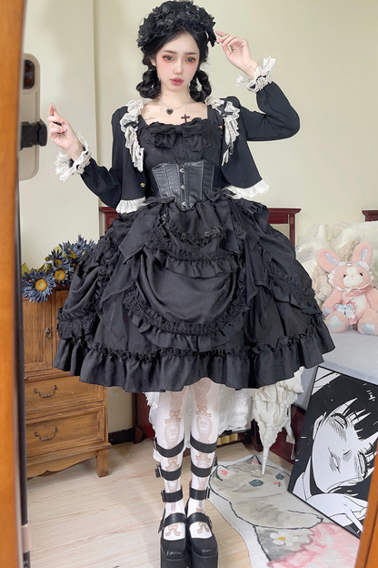 Dark Gothic Ribbon Lolita Dress + Waist Belt + Train + Hairband