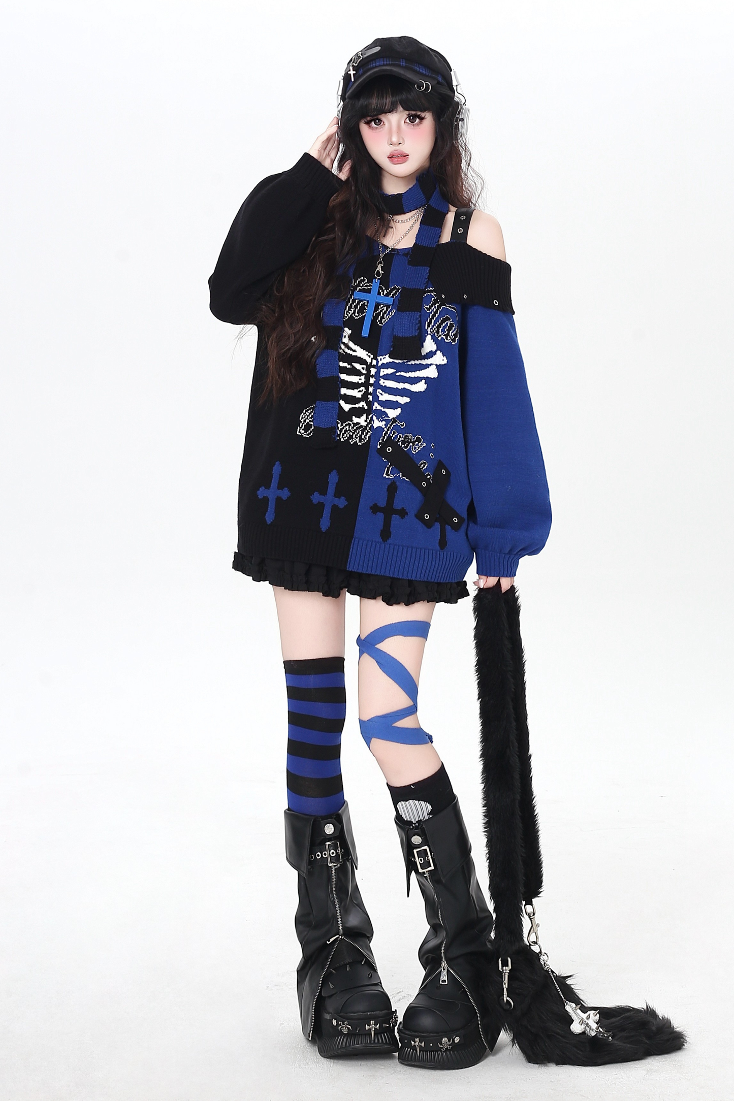 スカルボーンゴシックオフショルダートップス+スカーフ