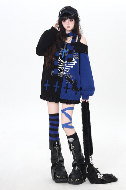 スカルボーンゴシックオフショルダートップス+スカーフ