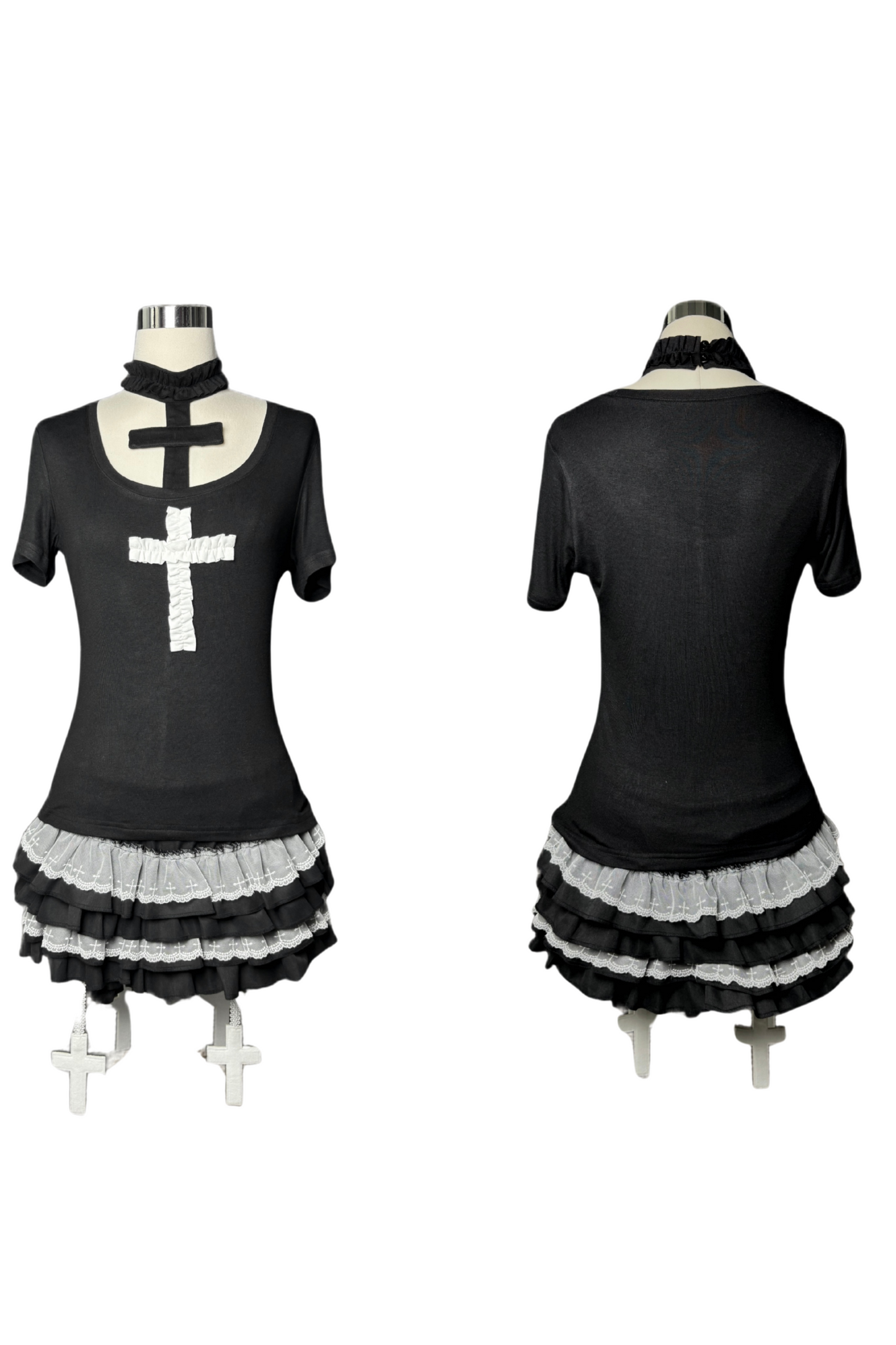 Gothic-Stil Kreuz-T-Shirt + Kreuzkragen + Kürbishose