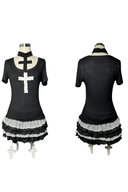 Gothic-Stil Kreuz-T-Shirt + Kreuzkragen + Kürbishose