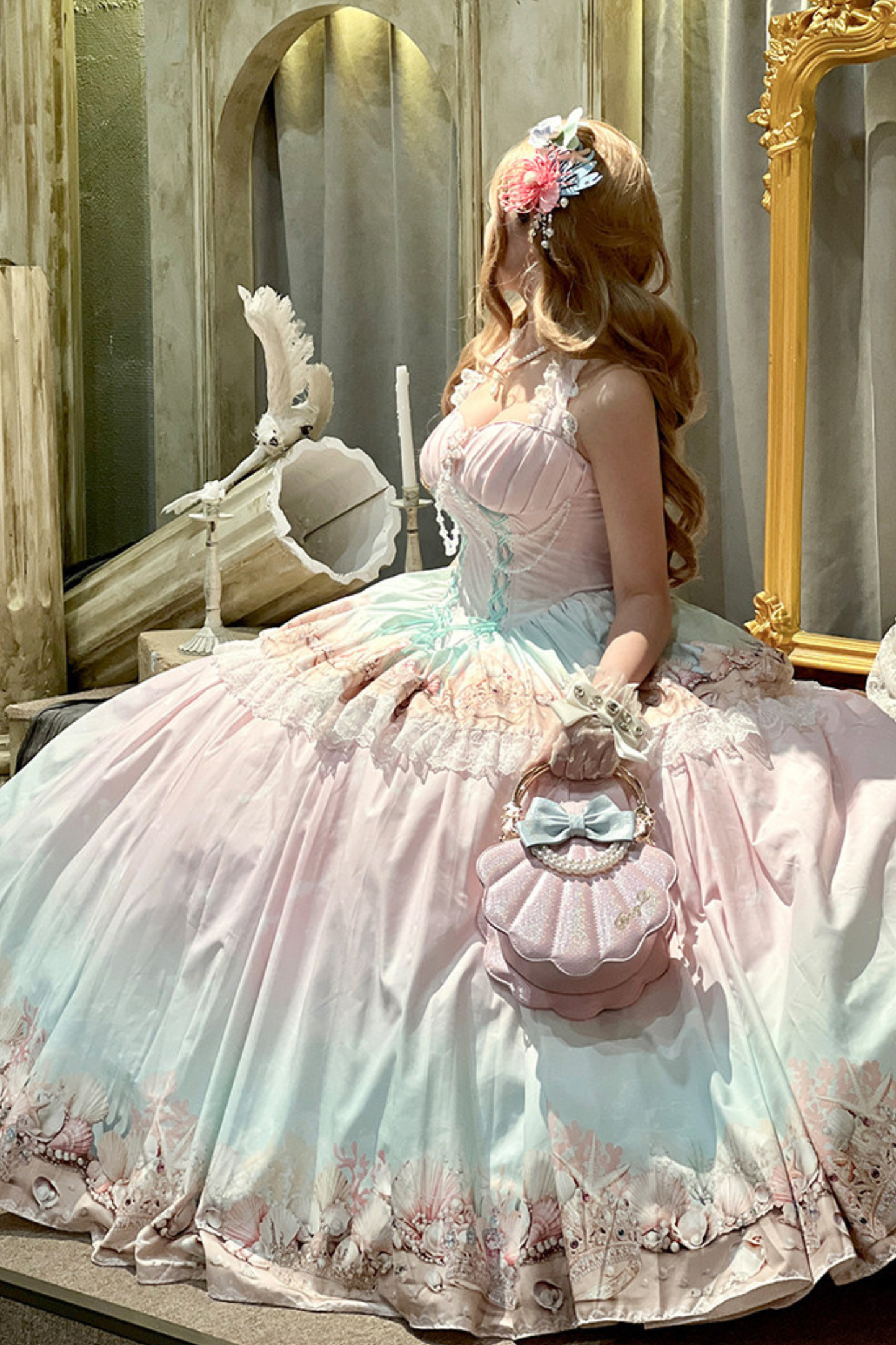 グラデーションバブルハルターネックフレンチドレス+スカート