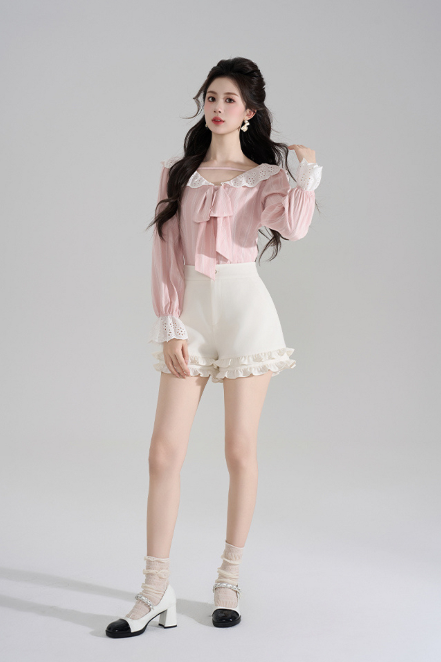 Pink Striped Lace Trim Blouse + Ruffled Shorts