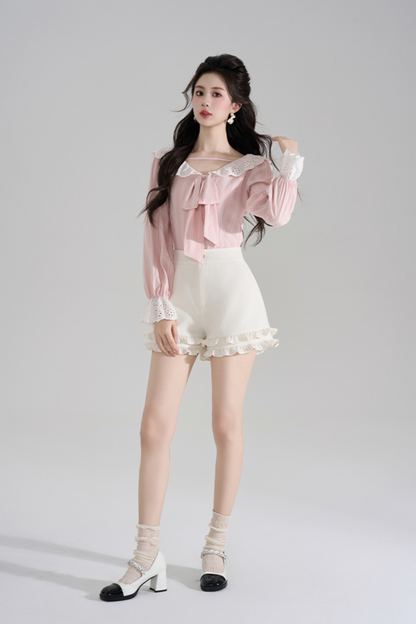 Pink Striped Lace Trim Blouse + Ruffled Shorts