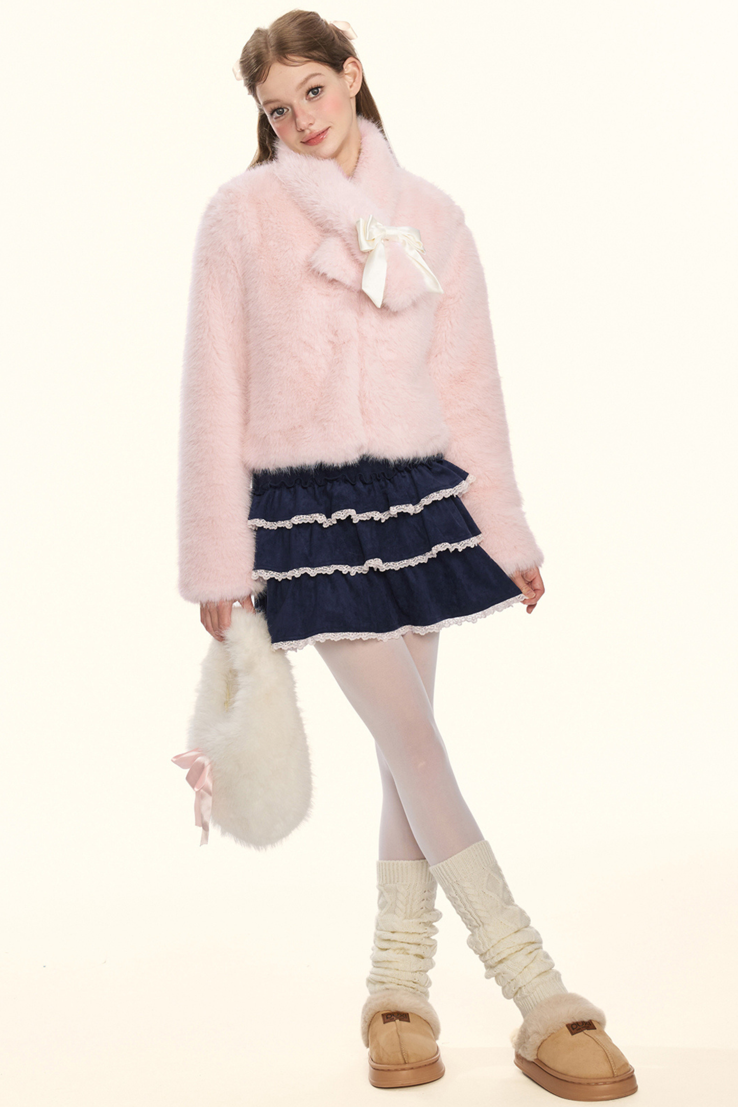 Sweet fur short coat + ribbon scarf