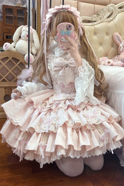 レイヤーフリルスイートプリンセスロリータジャンパースカート+テール+ヘアバンド+ケープ+ボンネット