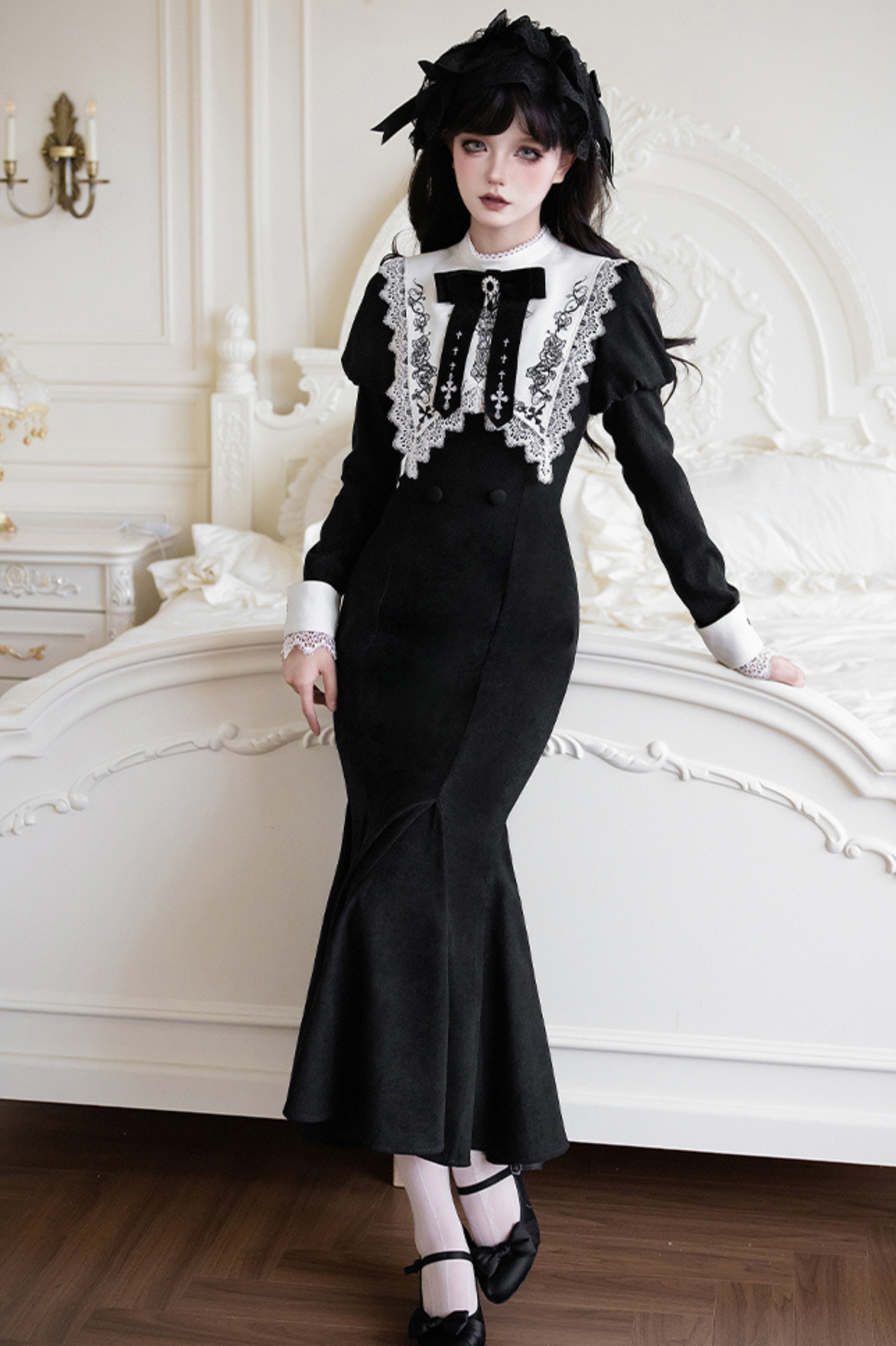 シックマーメイドドレス+レースアップショートドレス+マントコート+カラー+リボンブローチ