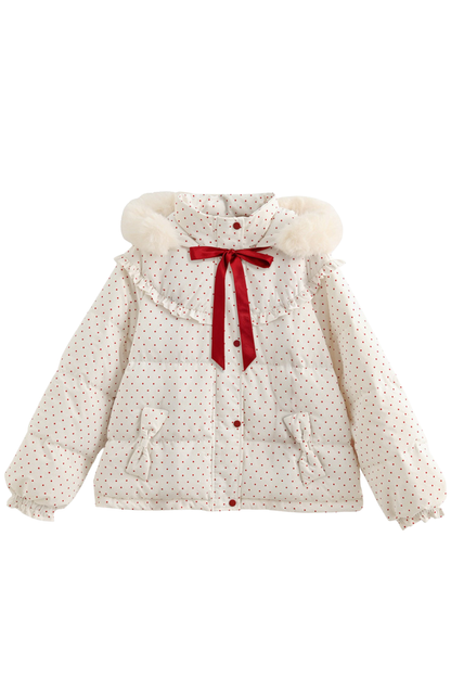 レッドドットリボンフードダウンジャケット