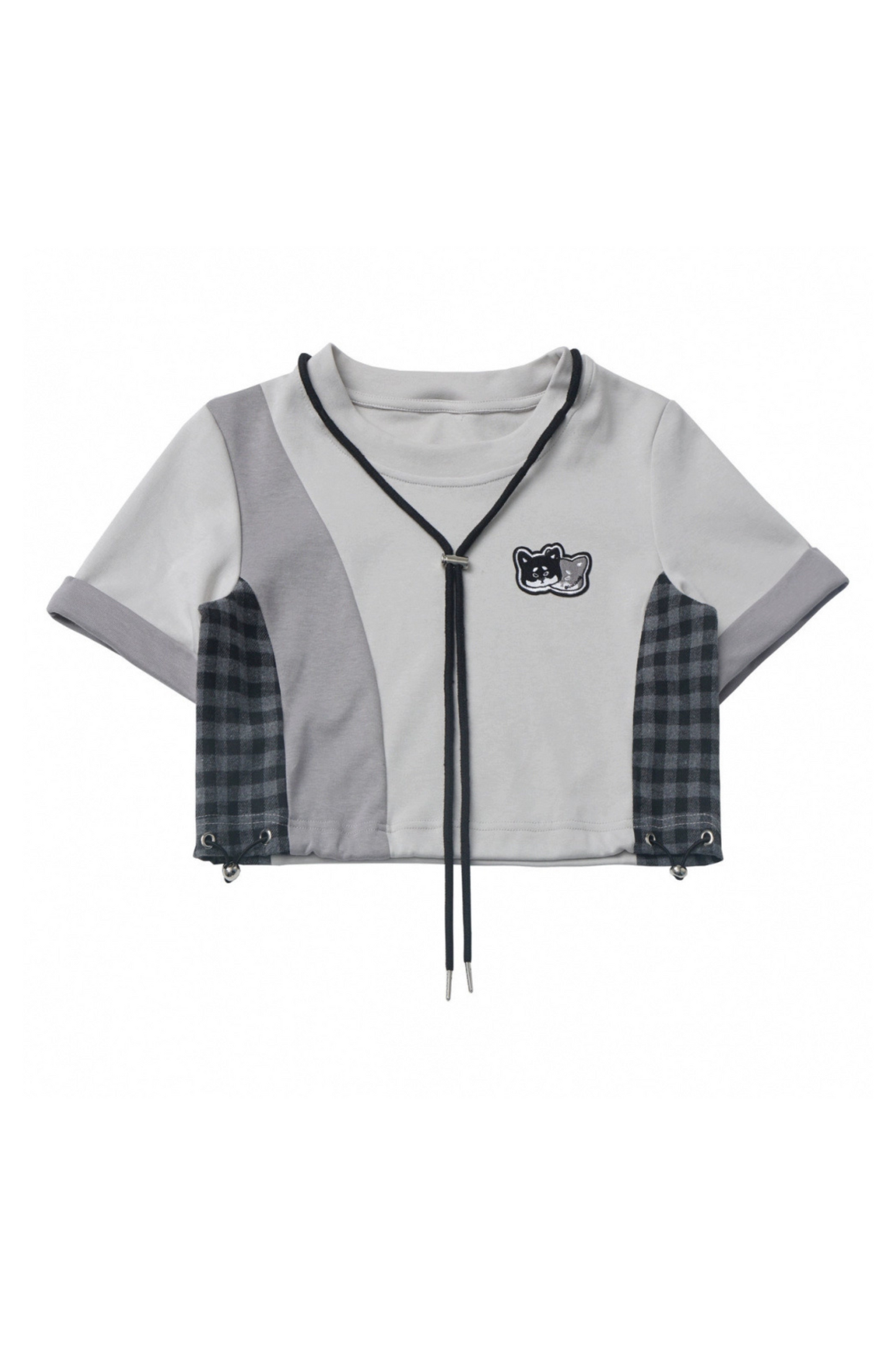 チェックショートトップス+チェックパンツ+フードトップス