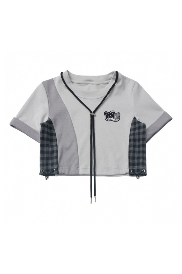 チェックショートトップス+チェックパンツ+フードトップス