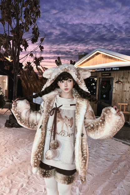 鹿柄フード付きホーンバックルファーコート