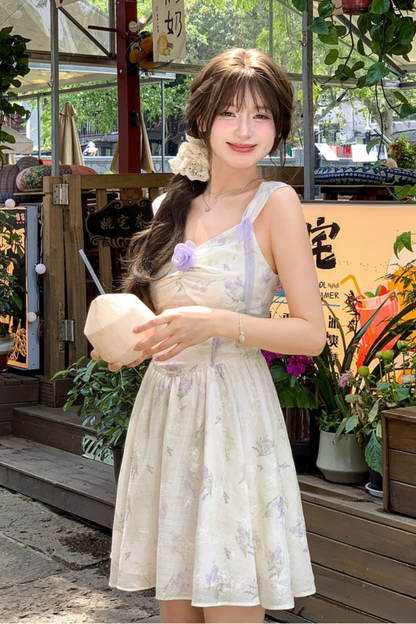 French Flower Off-the-shoulder Dress + Cardigan