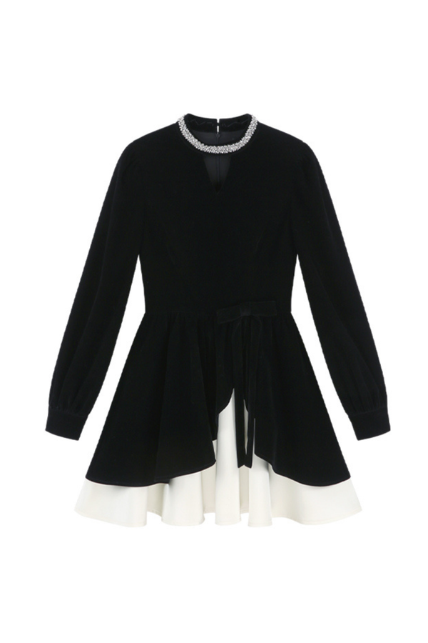 フレンチブラックベルベットラフルドレス